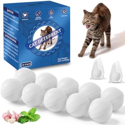 Cat Deterrent Outdoor, Natural Peppermint Oil Cat Repellent Outdoor, 10 Pack Cat Deterrent Balls Outdoor Indoor to Keep Cats Out of Yard, Garden, Lawn, Prevent Scratch and Chew, Keep Cats Away