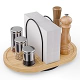 Napkin Holder for Table, Rotating Standing Napkin Dispenser with Salt and Pepper Shakers Caddy Placing Space, Rustic Metal Caddy Napkin Storage for Table Kitchen Countertop, Dining Table Decor(Bamboo)