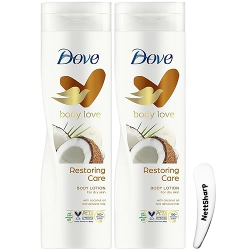 2 × Nourishing Coconut & Almond Milk Body Lotion (250ML each) for Dry Skin – Ultra-Moisturising Vegan Formula with Cosmetic Spatula (Restoring Care Twin Pack)