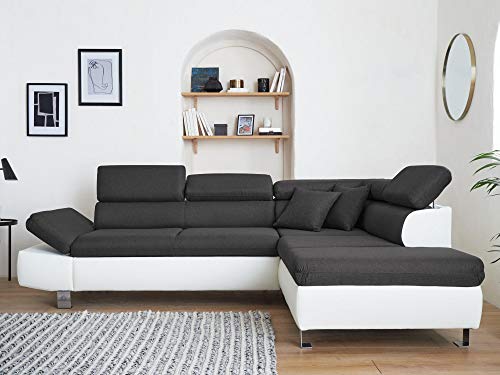Lisa Design - Canapé d'angle Convertible Nairobi - Canapé 5 Places, en Simili et Tissu - Têtières Réglables - Fabriqué en Europe - Droite, Blanc/Gris