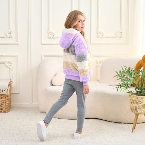 Image of Girls Zip up Hoodie Kids Fuzzy Fleece Jacket with hood Fall Winter Contrast color Pullover Sweatshirt 4-14 Years