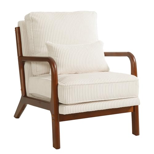 FLEXISPOT AC1 Accent Chair, Mid-Century Modern Armchair with Wood Frame, Comfy Corduroy Upholstered Reading Chair with Lumbar Pillow, 8" Thick Cushion for Living Room Bedroom Sunroom(White)