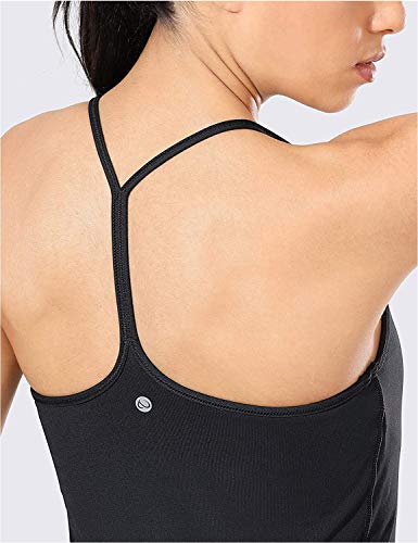 Crz Yoga Women's Y Back Spaghetti Strap Workout Tank Tops - With Built In Shelf Bra Sports Camisole Padded Long Length Black Medium #TOP4