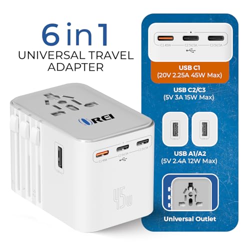 Image of OREI 25Watt Universal Travel Adapter | 2 (USB C) 1 (USB A) 4-in-1 Universal Power Adapter | | Type C, A, G, I Compatible | Universal Chargers for All Devices Compatible 150+ Countries