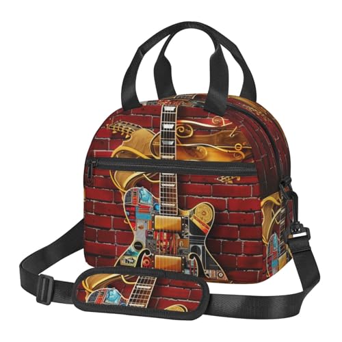 断熱ランチバッグ ノートギタープリント付き 男女兼用 再利用可能 保温クーラー ランチトートバッグ 仕事 ピクニック 旅行 ビーチ 釣り