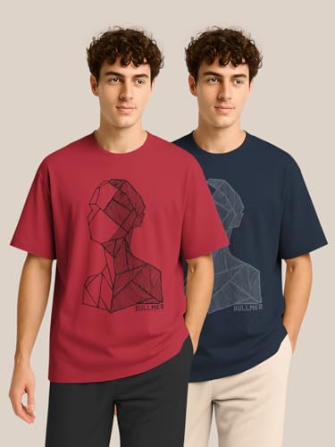 Image of BULLMER Trendy Half Sleeve Oversized Cotton Blend Crew Neck Tshirt for Men - Pack of 2