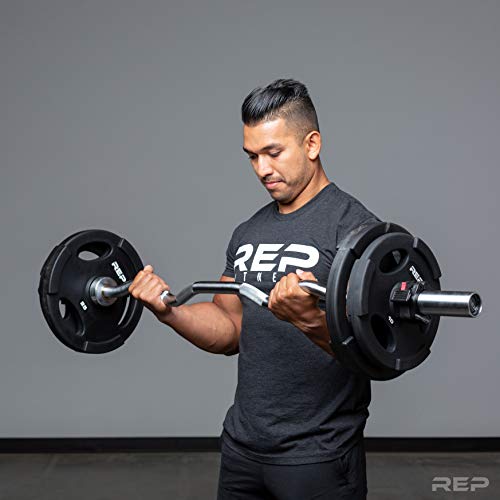 Rep Fitness 65lb Rubber Coated Olympic Plate Set and Hard Chrome EZ Curl Barbell