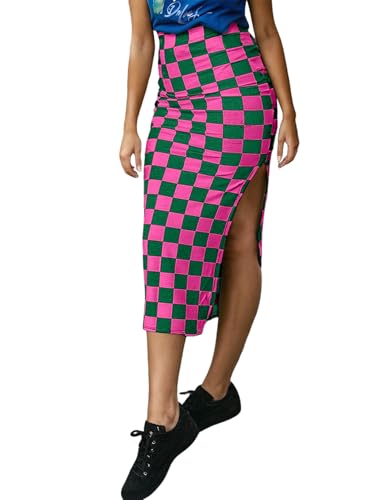 EARKOHA Checkered Slit Midi Skirt for Women Summer High Waisted Sexy Bodycon Skirts Rose L