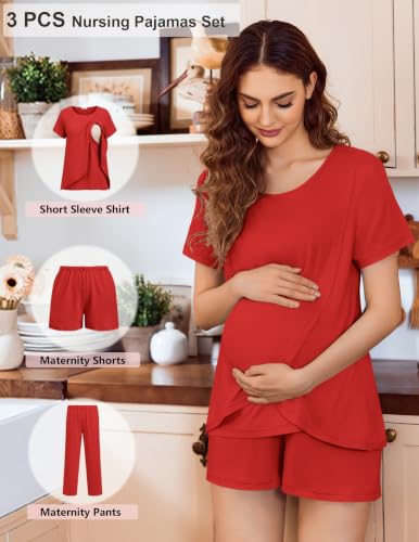 Image of Ekouaer 3 PCS Maternity Nursing Pajamas Set Postpartum Breastfeeding PJS | 3-Piece Set, Including Short Sleeve Shirts, Pregnancy Shorts & Pants, Buttery Soft, Skin-Friendly Feel