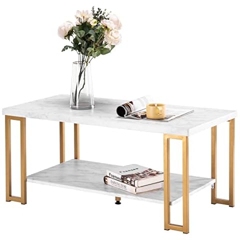 POULEII Marble Coffee Table, Modern Gold Coffee Table with Faux Marble Top for Living Room Bedroom Rectangular Cover