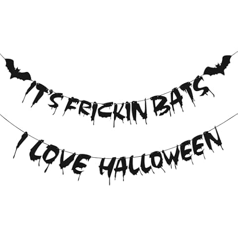 31 PCS Halloween Banner It's Frickin Bats I Love Halloween Black Glittery, Hanging Paper Halloween Garland Banner Party Mantle, Ghost-Themed Decor, Indoor and Outdoor Cover