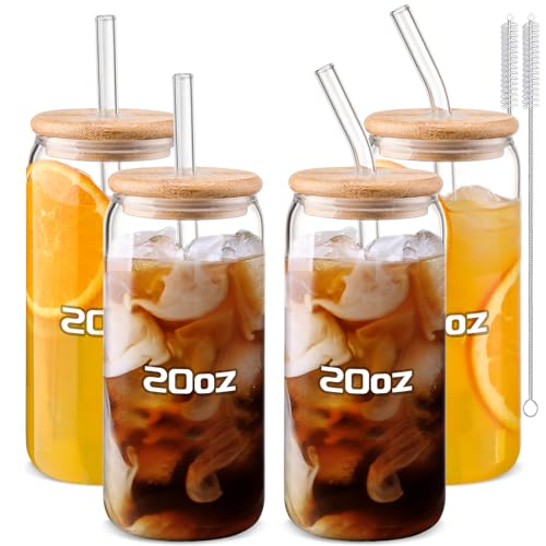 DWTS DANWEITESI Glass Cups “20oz”,Glass Cups with Lids and Straws 4 pcs-Coffee Cups,Drinking Glasses Set,Glass Tumbler with Straw and Lid Gift 2 Cleaning Brushes