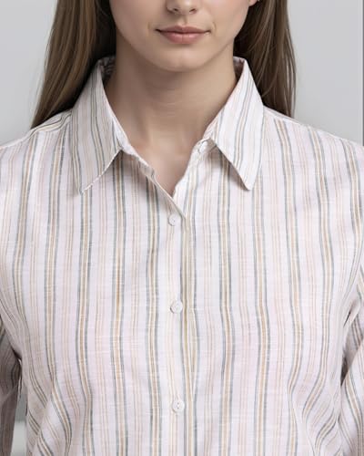 Image of Style Quotient Women Gray and White Cotton Stripe Smart Casual Shirt
