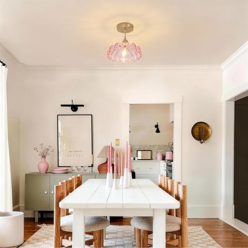 Shenmoyl Pendant Light with Pink Scindapsus Glass Lmapshade, Brass Vintage Pendant Light Adjustable Hanging Light for Kitchen Island Dining Room Hallway by Shenmoyl - Used condition - Image 7