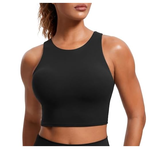 CRZ YOGA Butterluxe Racerback High Neck Longline Sports Bras for Women - Padded Workout Crop Tank Tops with Built in Bra Black Medium
