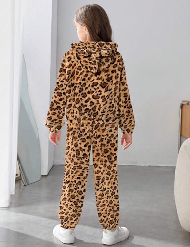 Image of Shallmu Girls Fuzzy Bear Ear Plaid Hoodie Pullover Sweatshirt with Pocket Sweatpants Fall Winter 2 Piece Outfits