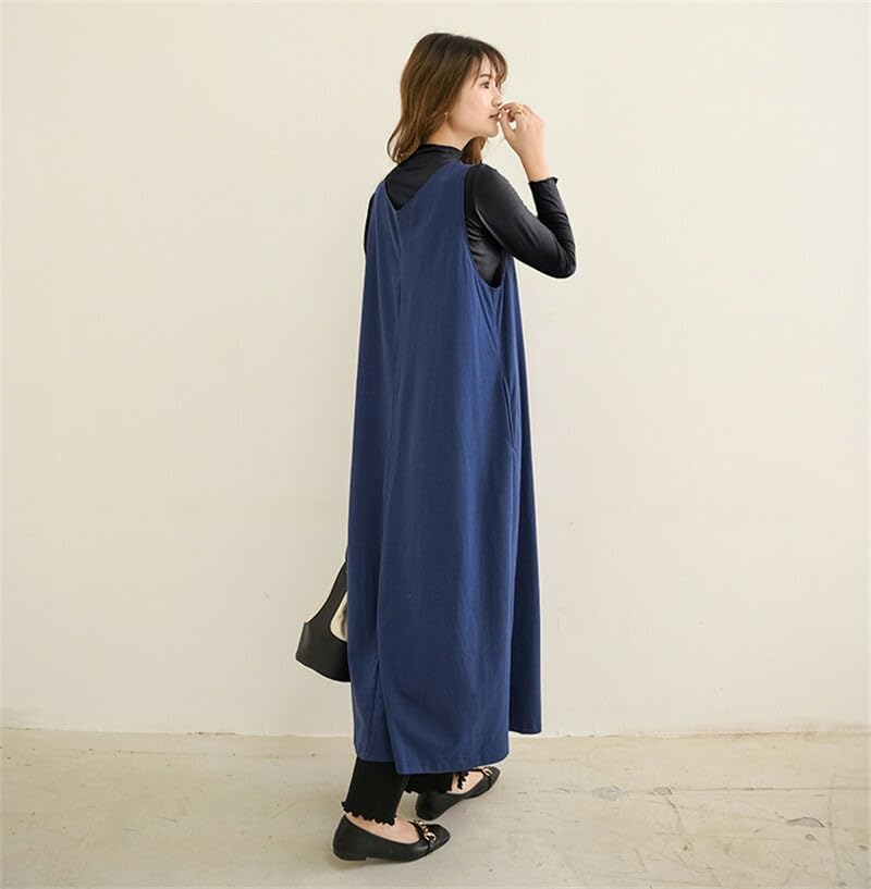 [ジュタオピン] オーバーオール レディース Vネック 大きいサイズ 女性 ゆったり ノースリーブ 着痩せ 秋冬 無地 ロング サロ