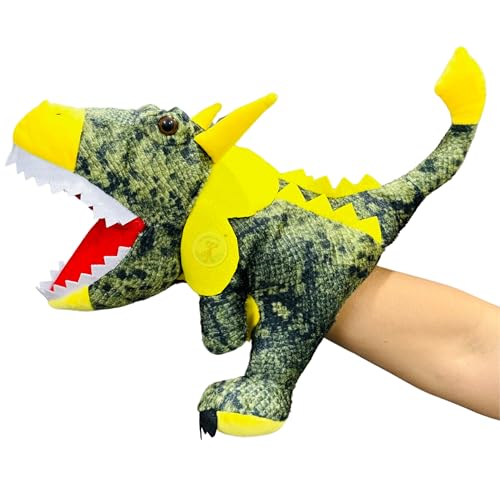 Image of Chi-Chimpu's Open Mouth Triceratops Dinosaur Hand Puppet for Kids | Soft Plush Animal Puppet for Storytelling Fun Learning Puppets Toy with Movable Mouth | Interactive Pretend Play | Spotted Green