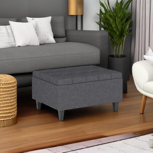 Miniatura 5 de SIMPLIHOME Harrison - Mesa auxiliar rectangular de transición de 34 pulgadas de ancho, otomana pequeña de almacenamiento en tela de lino gris