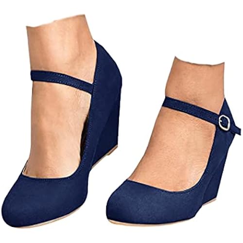 Coutgo Womens Wedge Pumps Dressy Mary Jane Shoes Comfort Wedges Closed Toe Ankle Strap Heeled Shoes