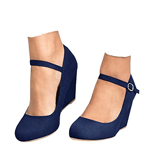 Image of Coutgo Womens Wedge Pumps Dressy Mary Jane Shoes Comfort Wedges Closed Toe Ankle Strap Heeled Shoes