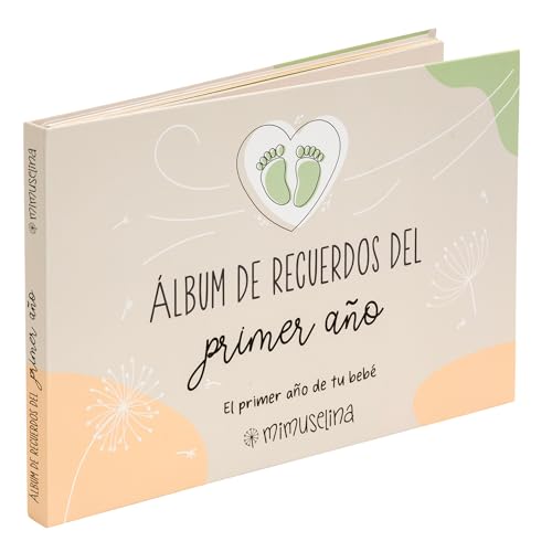 Mimuselina | Livro bebé primeiro ano | Álbum bebé com mais de 50 páginas e autocolantes | capa dura espiral resistente | livro bebé ideal como presente recém-nascido e presente para Baby Shower |