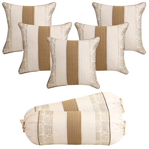 Image of Gifts Island Combo Silk Traditional Striped & Rajasthani Warli Golden Hand Printed Pillow Cushion Covers 16x16 inches Set of 5 & Round Pillow Bolster Covers Set of 2 16x32 inches (Beige)