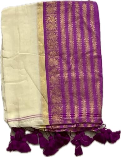 Image of Women's Mul Cotton Saree with Tassels | Soft Mulmul Saree | Woven Stripes & Zari Line | 5.5 Metres - Without Blouse