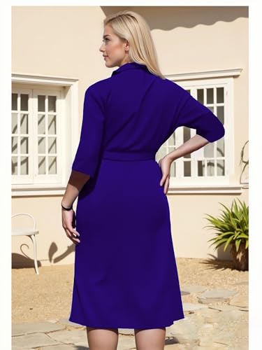 Image of Hostoyo Plus Size Wrap Dress Elegant Pleated Formal Midi Dresses Suit Collar 3 /4 Sleeve Belted Casual Church Outdoor Office