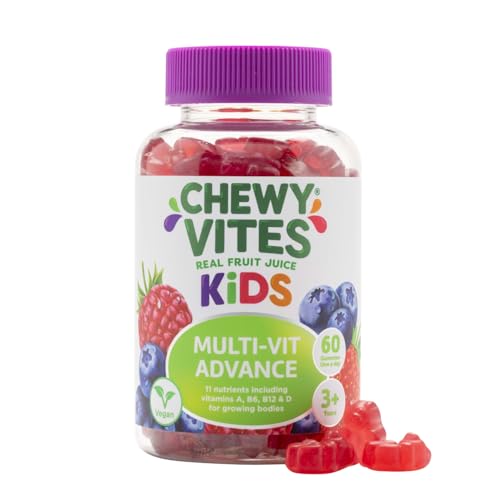 Chewy Vites Kids Multivitamin Advance 60 Kids Vitamins Gummies 11 Essential Nutrients 2 Months Supply Real Fruit Juice Vegan Age 3 + Blueberry and Raspberry Flavour