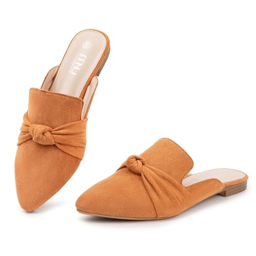 Image of MUSSHOE Mules for Women with Bow Knot: Pointed Toe Flats - Cloud-Cushion Suede Backless Loafers for Office & Casual Wear - Wide-Fit Friendly Slip On Slides with Memory Foam