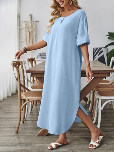 Image of Celmia Autumn Solid Loose Long Maxi Dress Cotton Caftan