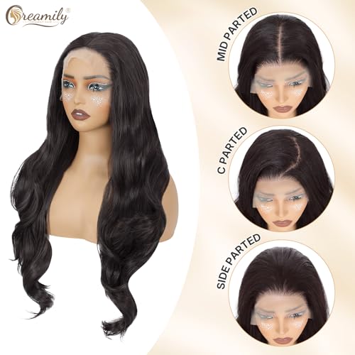 Image of Creamily 13X3 Brown Synthetic Lace Front Wig Long Wave Glueless Wigs for Women HD lace Pre Plucked Hairline (Brown, 28 inches)