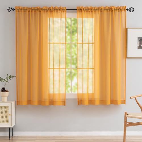 Image of Sheer Curtains for Windows, Window Treatments Semi Crinkle Curtains, Rod Pocket Sheer Privacy Curtains 63 inch Length 2 Panels Set for Living Room Bedroom Kitchen Babyroom Set of 2, 52 inchx 63 inch, Yellow