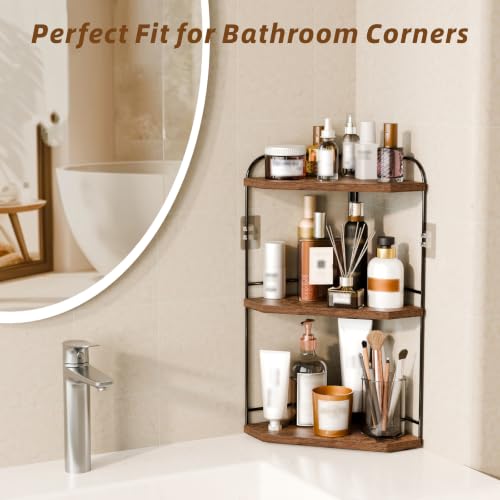 Image of Corner Bathroom Counter Organizer, 3-Tier Wood Countertop Organizer for Perfume, Makeup Storage, Skincare Organizers for Vanity, Counter Corner Shelf for Kitchen, Bathroom, Dresser (Brown, 2 Pack)