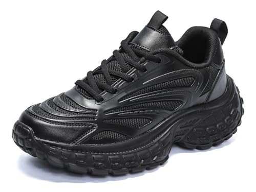 Image of Men's Athletic Chunky Sneakers Lightweight Breathable Walking Shoes Black Platform Casual Comfort Travel Shoes