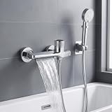 Rubinetto Vasca da Bagno con Doccetta 3 Modalità, Miscelatore Doccia a Cascata in Ottone Cromato, Valvola Ceramica, Set Doccia Completo con Tubo 1,5m e Supporto, Termostato per Vasca Bagno, Universale