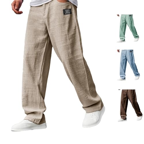 Mokaloha Mens Pants, Men's Casual Hemp Fabric Embroidered Logo Drawstring Loose Elastic Waist Pocket Trousers, Casual Hemp4