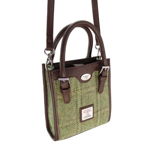Image of GLEN APPIN Harris Tweed 'Keltie' Tall Mini Tote Handbag With Removable Shoulder Strap (Col 153 Green Herringbone with Overcheck)