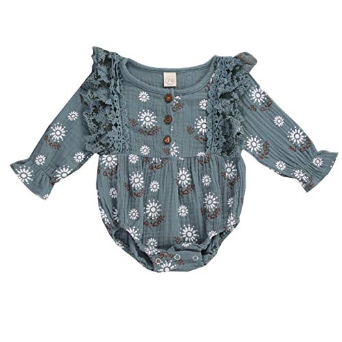 Infant Baby Girl Fall Winter Basic Plain Long Sleeve Cotton Linen Drawstring Romper Bodysuits Tops Clothes (R2 Flower Green, 6-9 Months)