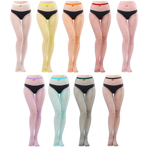 HOVEOX 9 Pairs Fishnet Stockings for Women High Waist Fishnet Tights Pantyhose Stockings for Women (black white red pink orange yellow green blue purple)