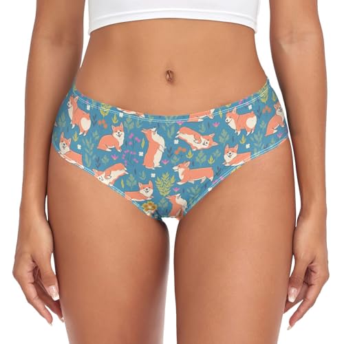 Dallonan Women's Underwear Brief Breathable Soft Knickers Dogs Corgi Breed Flowers XX-Large Multi