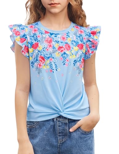 Image of Arshiner Girls Shirt - Short-Sleeve Twist Front T-Shirt for Girls with Cute Flying Sleeves - Summer Blouse Tunic Tee Tops