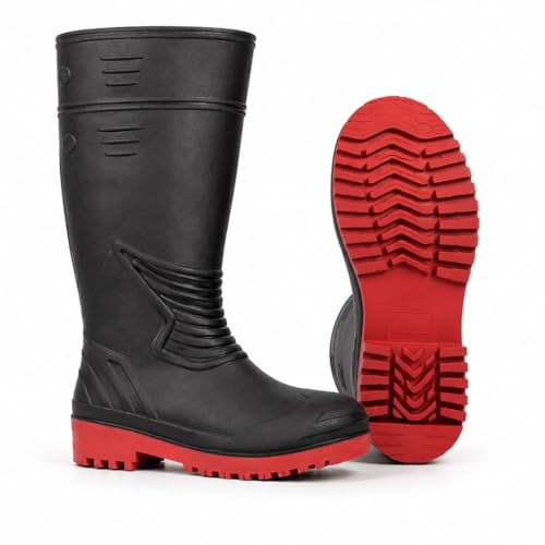 Image of Men's PVC Gumboot, Black with Red Anti-Slip Sole, 16 Inch, Water & Oil Resistant, Reinforced Toe, Labour Safety Boot