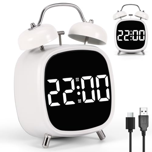 Sveglia digitale, a LED, digitale, con doppia campana, bianco, con grande numero, allarme forte senza ticchettio, USB, ricaricabile e funzionamento a batteria, funzione snooze per dormienti profondi