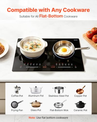 Image of VEVOR Electric Cooktop 24inch 2 Burners Portable Stove Top 1800W 120V, Ceramic Countertop /Built-in Radiant Electric Stove, with 9 Power Levels, Timer, Child Lock, Over-Heat Guard, Touch Control