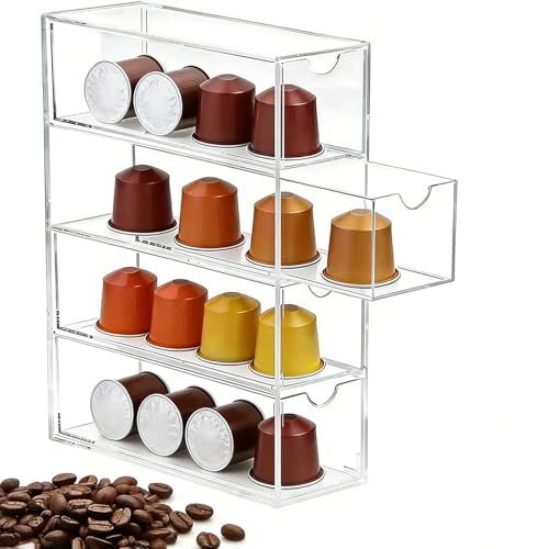 JUNJIEFU Cajón de almacenamiento para cápsulas de café, -24,5 × 17,5 × 6,5 cm, caja de almacenamiento de cápsulas de café con 4 cajones, acrílico