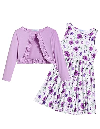 Arshiner Toddler Girls' Dress with Pockets Casual Purple Floral Print Sleeveless Sundress and Lilac Long Sleeve Shrugs Set 4-5T