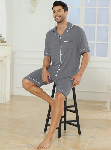 Image of Veseacky Men's Button Down Pajama Set Short Sleeve Shorts Modal Soft Sleepwear Loungewear Pjs with Pockets S-XXL