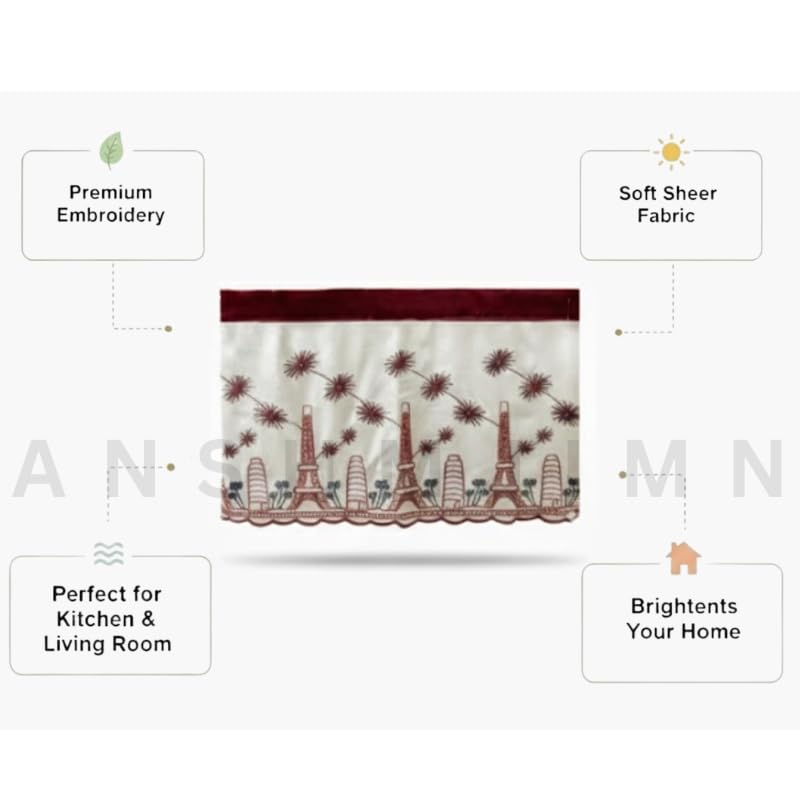 Image of Short Window Curtain for Kitchen, Living Room, Cafe, Restaurant & Home Decor | Elegant Half Window Valance | Length - 24 Inch, Width - 42 Inch (Eiffel Tower, Small)